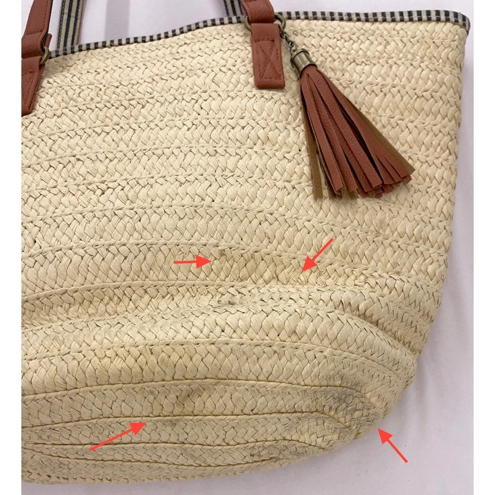 Beige Straw Tote Tassel Woven Raffia Style Coastal Beach Bag